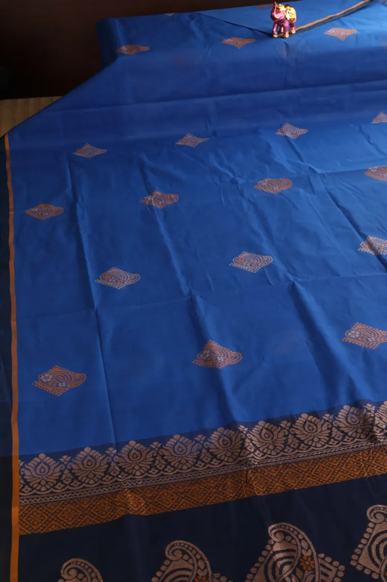 Cobalt Blue Pure Handloom Kovai Cotton with Gold Zari Mango Puttas view 2