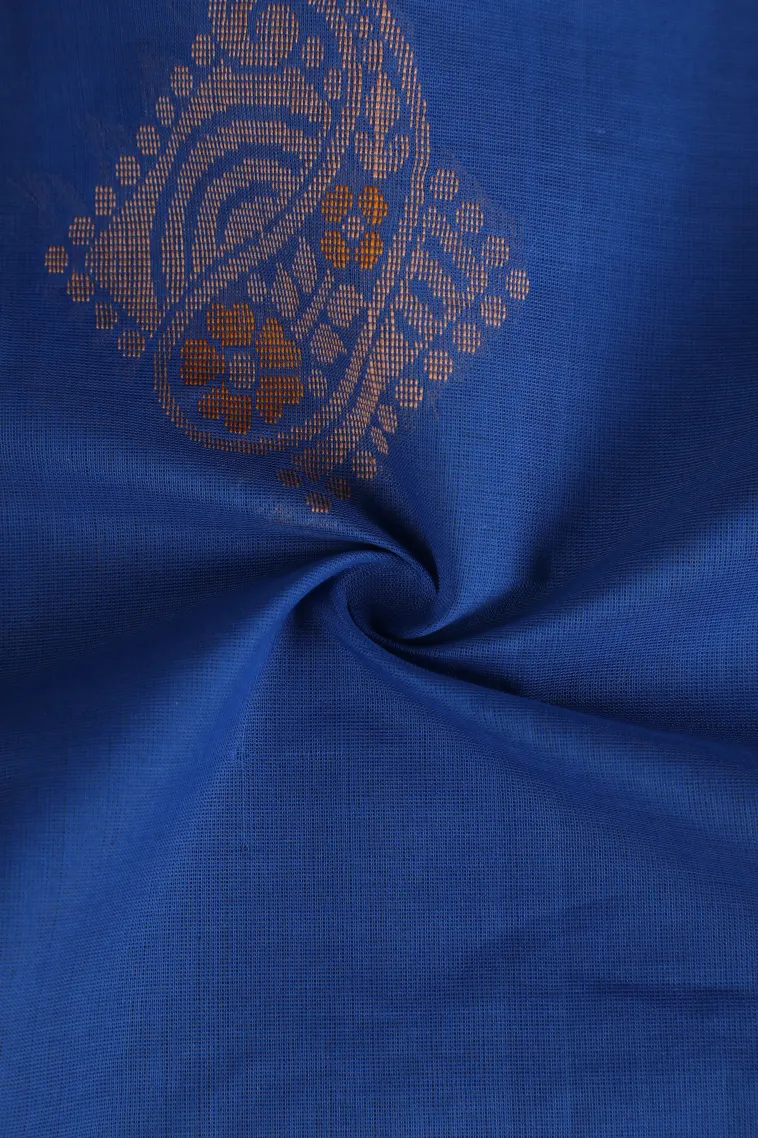 Cobalt Blue Pure Handloom Kovai Cotton with Gold Zari Mango Puttas view 4