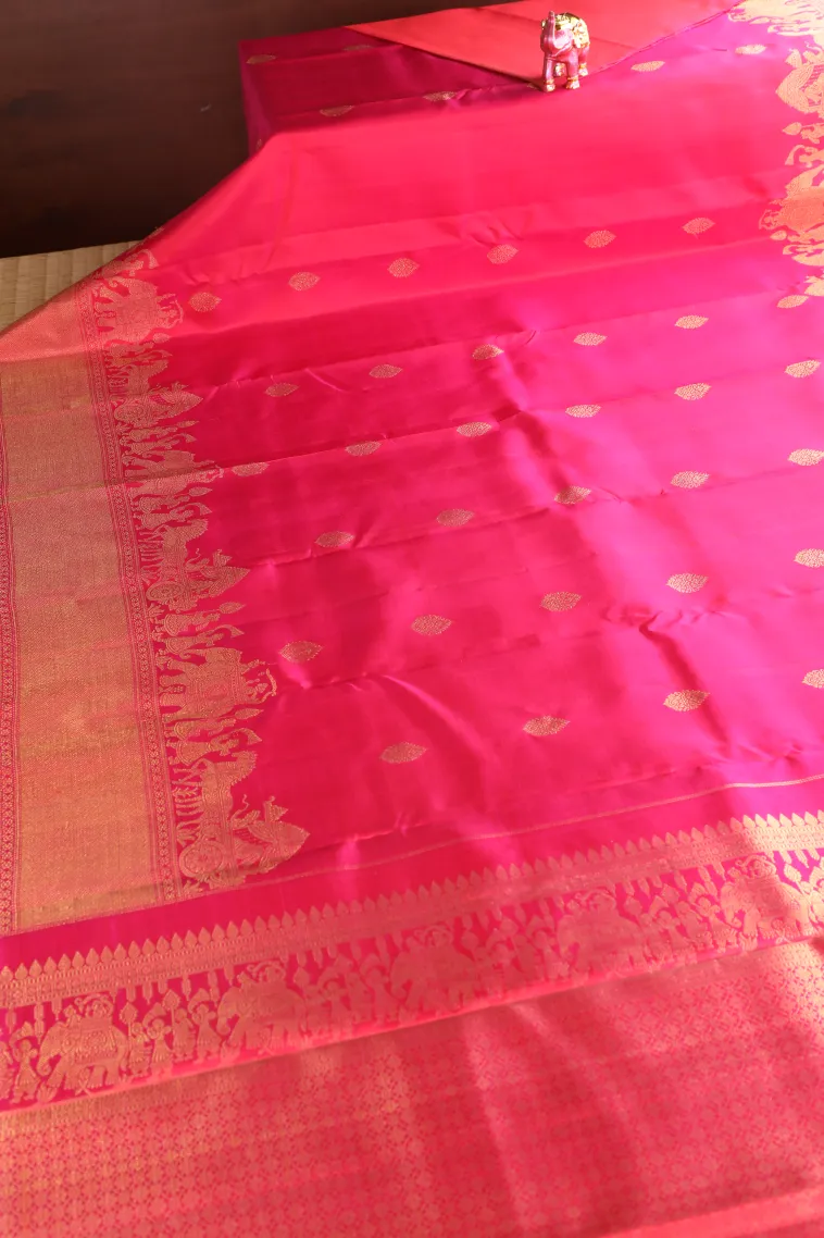 Punch Pink Kanchipuram Silk Sarees with Gold Zari Buttis (small Dots Or Motifs) view 2