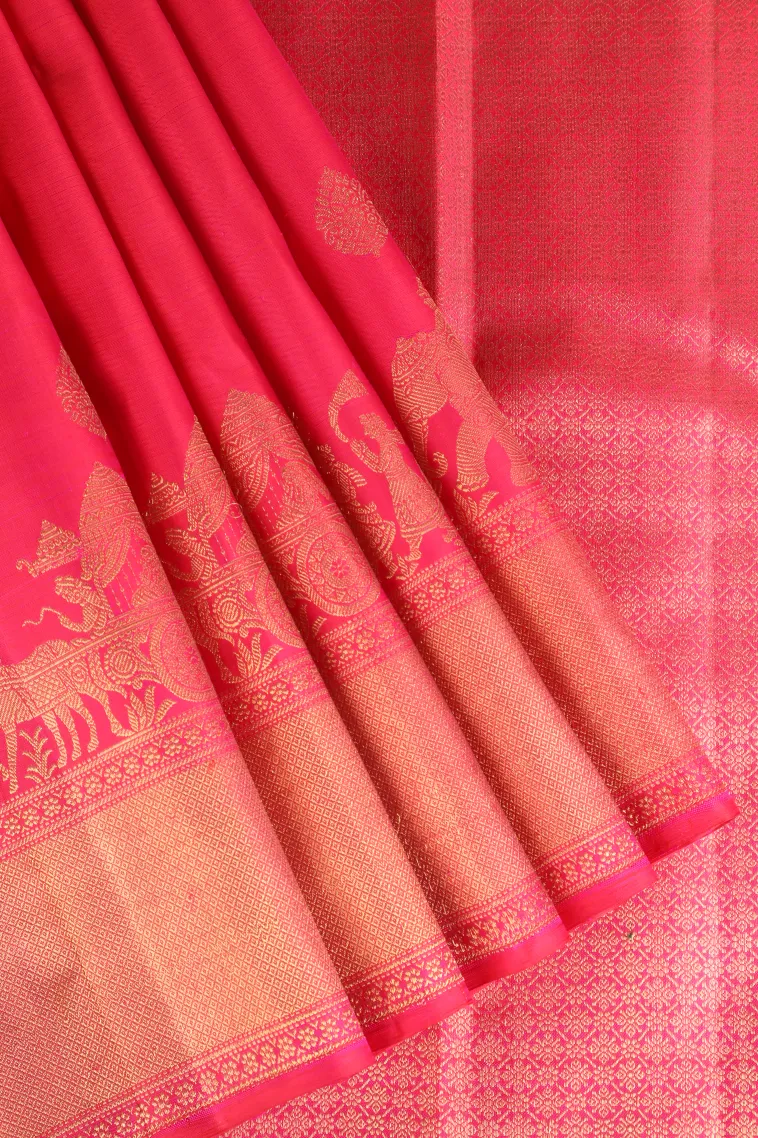 Punch Pink Kanchipuram Silk Sarees with Gold Zari Buttis (small Dots Or Motifs)