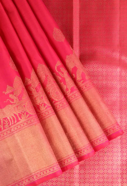 Punch Pink Kanchipuram Silk Sarees with Gold Zari Buttis (small Dots Or Motifs)
