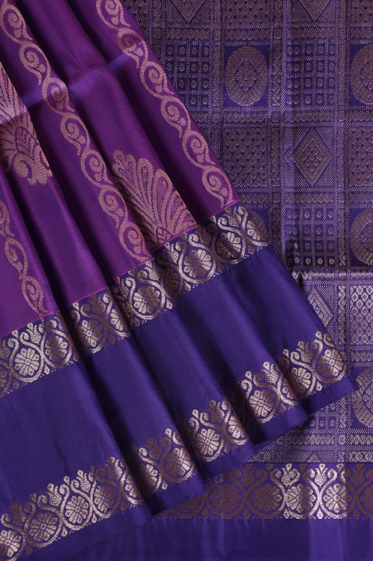 Mauve Purple Soft Silk Saree with Gold Zari Straipes And Puttas