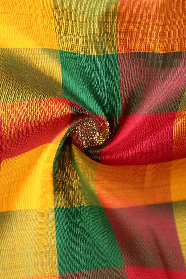 Lemon Yellow Kanchipuram Silk Sarees with Gold Zari Checks And Puttas view 4