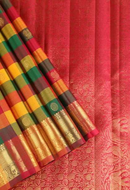 Lemon Yellow Kanchipuram Silk Sarees with Gold Zari Checks And Puttas