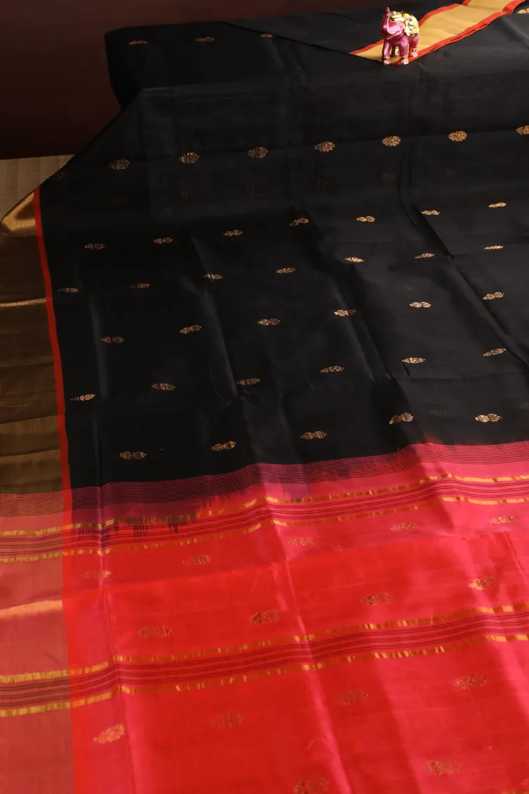 Asphalt Black Silk Cotton with Gold Zari Buttis (small Dots Or Motifs) view 2