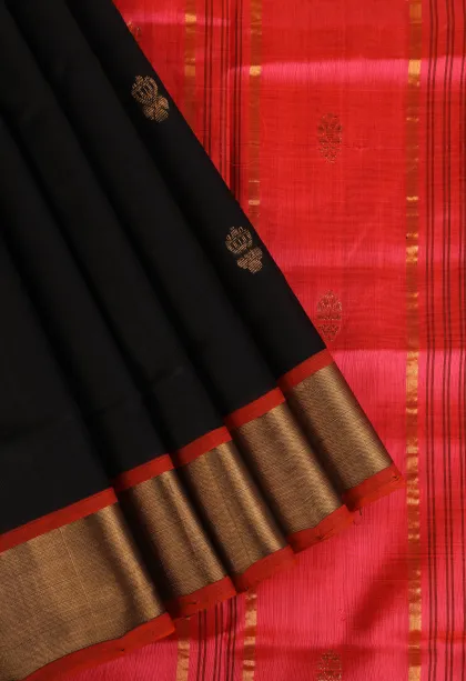 Asphalt Black Silk Cotton with Gold Zari Buttis (small Dots Or Motifs)