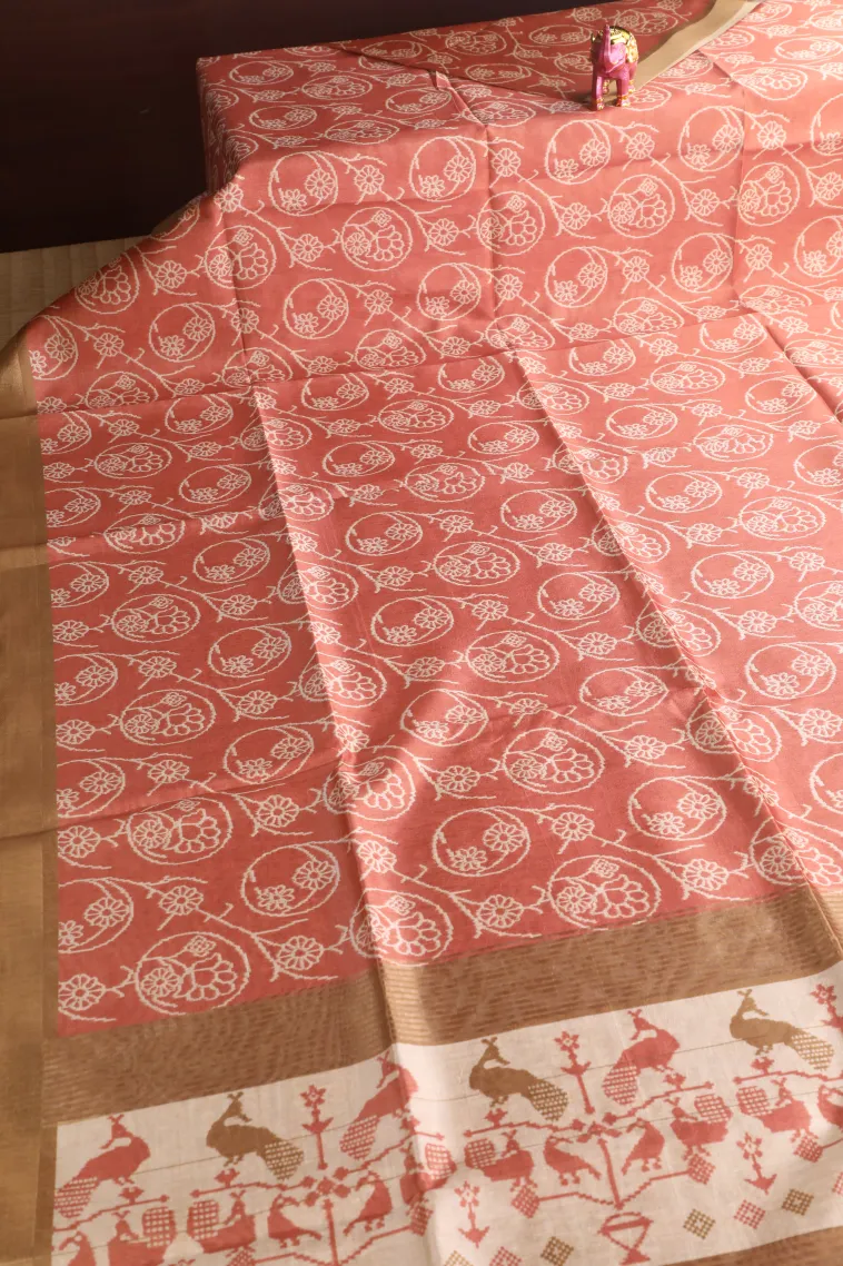 Peach Pink Jute Sarees Without Zari With Floral Patterns view 2
