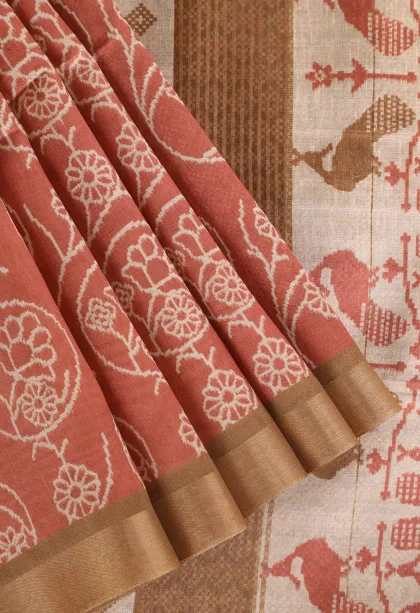 Peach Pink Jute Sarees Without Zari With Floral Patterns