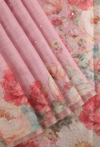 Rose Pink Tissue Silk Sarees with Thread Zari Plain