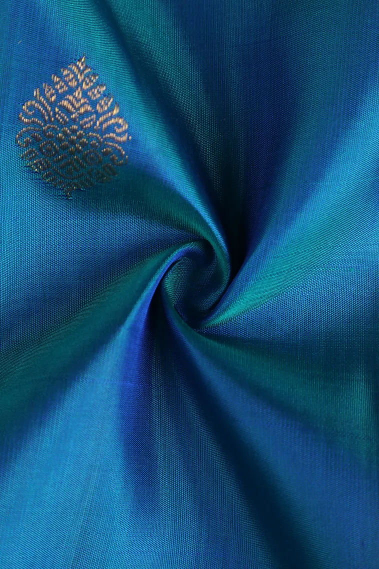 Cerulean Blue Kanchipuram Silk Sarees with Gold And Silver Zari Buttis (small Dots Or Motifs) view 4