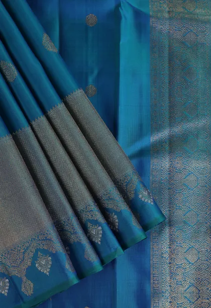 Cerulean Blue Kanchipuram Silk Sarees with Gold And Silver Zari Buttis (small Dots Or Motifs)