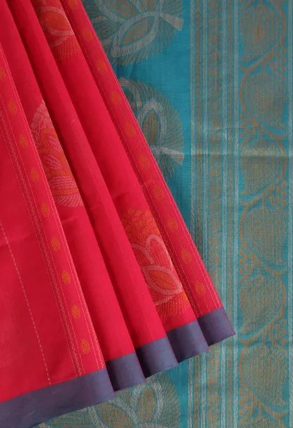 Punch Pink Pure Handloom Kovai Cotton with Gold Zari Flower Mottif