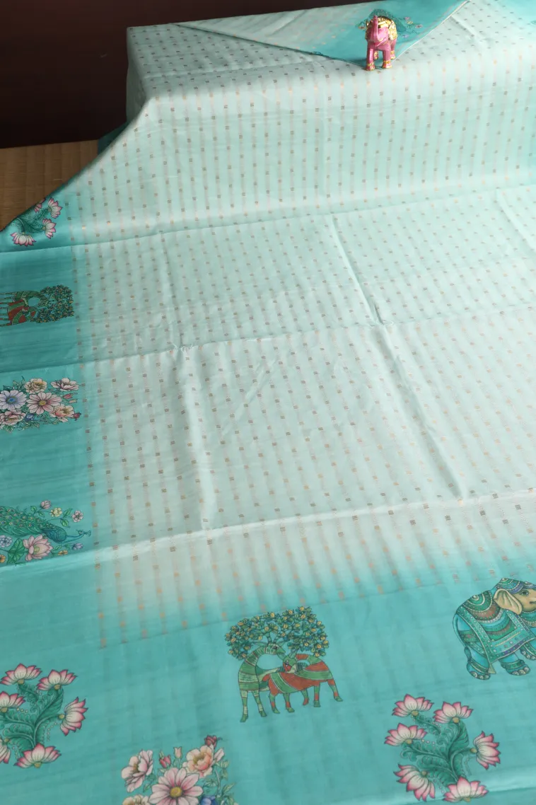 Sky Blue Semi Tussar Silk with Gold Zari Stripes view 2