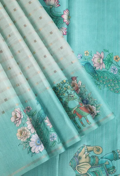 Sky Blue Semi Tussar Silk with Gold Zari Stripes