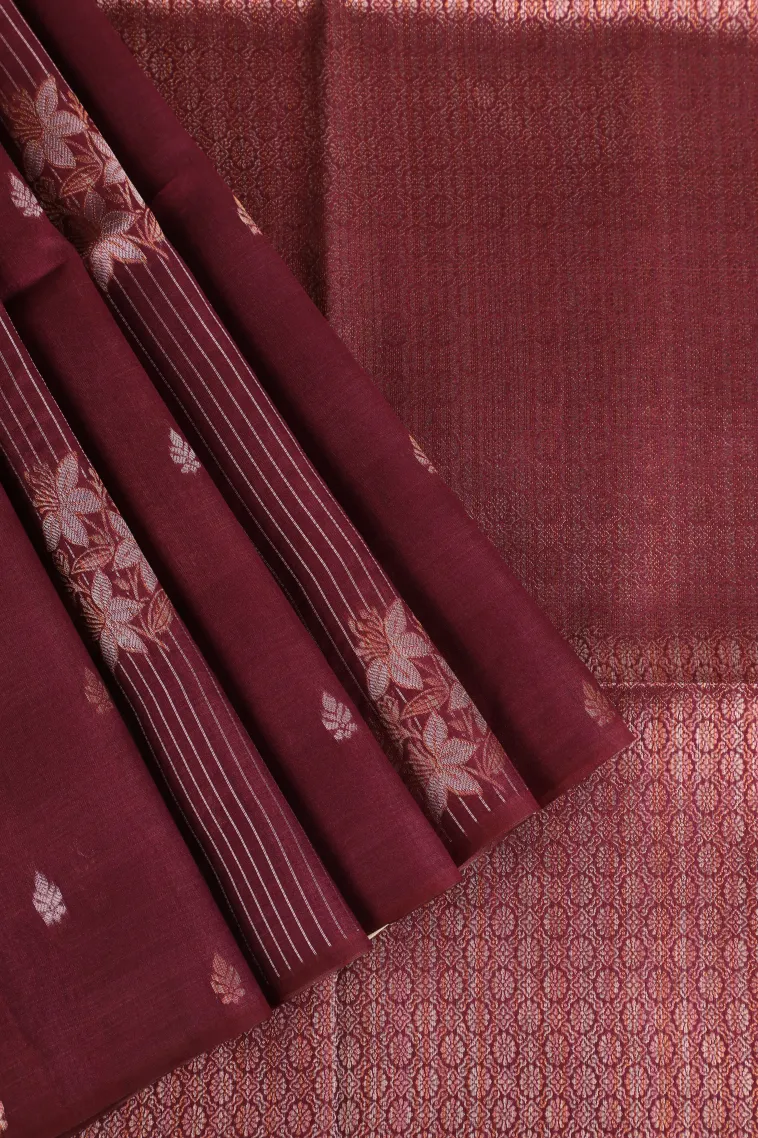 Magenta Purple Tussar Saree with Copper And Silver Zari Stripes And Puttas