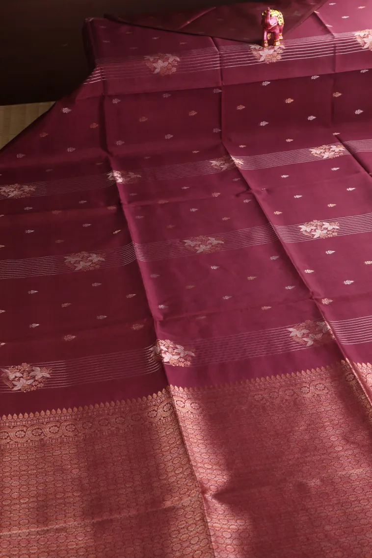 Magenta Purple Tussar Saree with Copper And Silver Zari Stripes And Puttas view 2