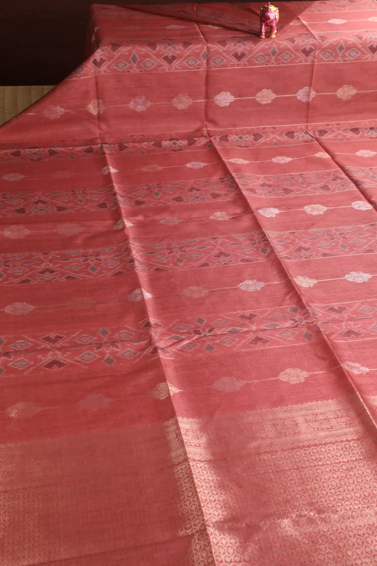 Blush Red Tussar Saree with Gold Zari Stripes view 2
