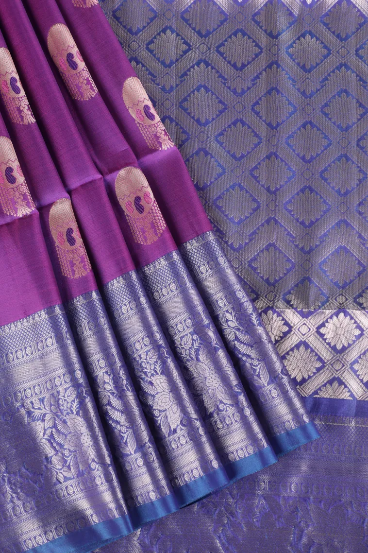 Bubble Purple Soft Silk Saree with Gold And Silver Zari Buttis (small Dots Or Motifs)