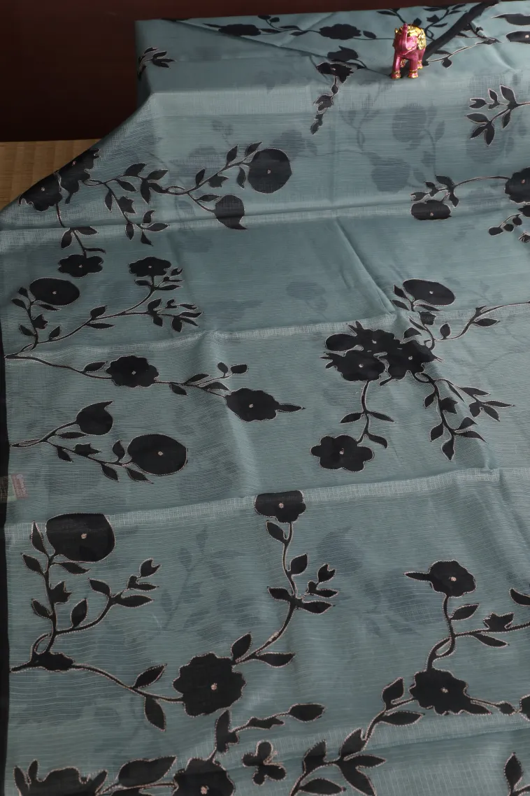 Sky Blue Manipuri Cotton Sarees with Gold Zari Floral Patterns view 2