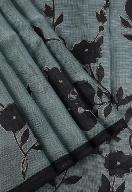 Sky Blue Manipuri Cotton Sarees with Gold Zari Floral Patterns