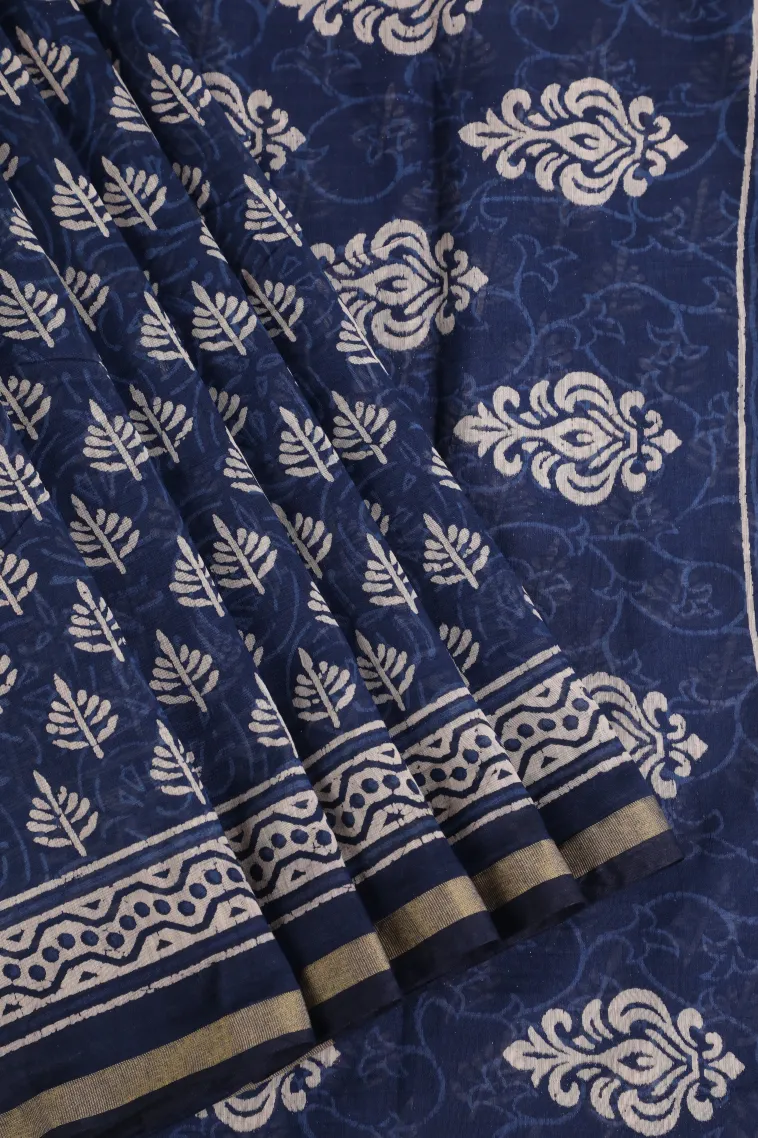 Berry Blue Chanderi Cotton Sarees with Gold Zari Tree Mottif