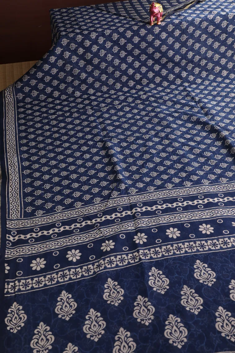 Berry Blue Chanderi Cotton Sarees with Gold Zari Tree Mottif view 2