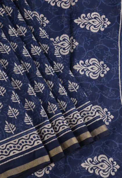 Berry Blue Chanderi Cotton Sarees with Gold Zari Tree Mottif