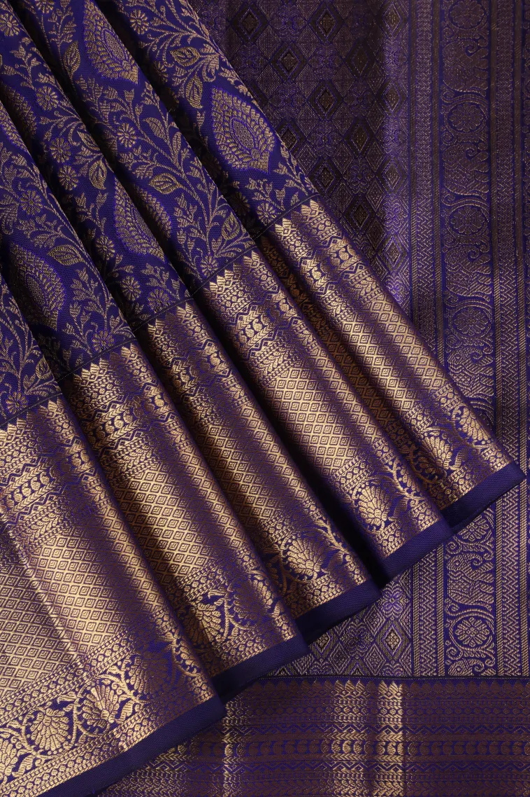 Indigo Blue Kanchipuram Silk Sarees with Gold Zari Floral Patterns