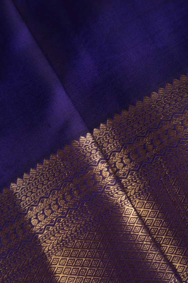 Indigo Blue Kanchipuram Silk Sarees with Gold Zari Floral Patterns view 3
