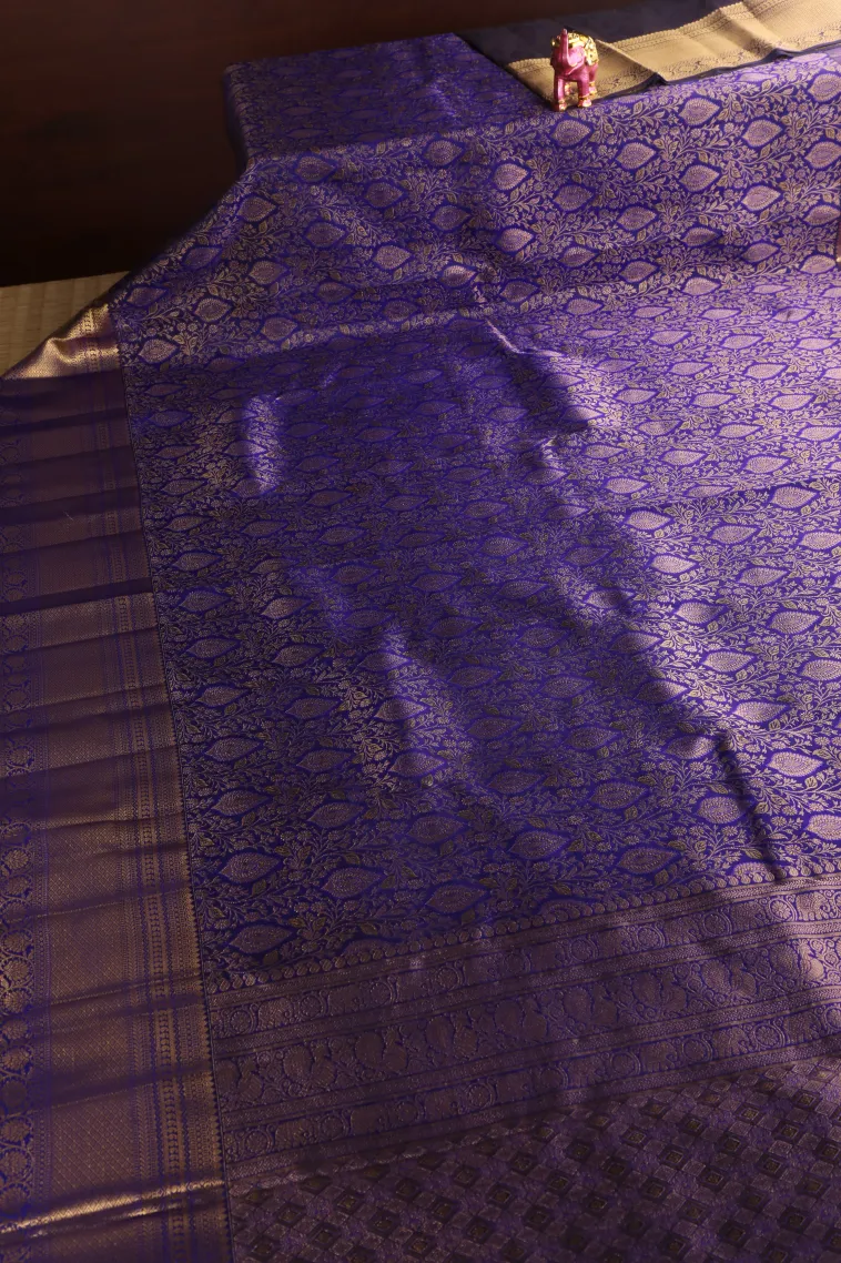 Indigo Blue Kanchipuram Silk Sarees with Gold Zari Floral Patterns view 2
