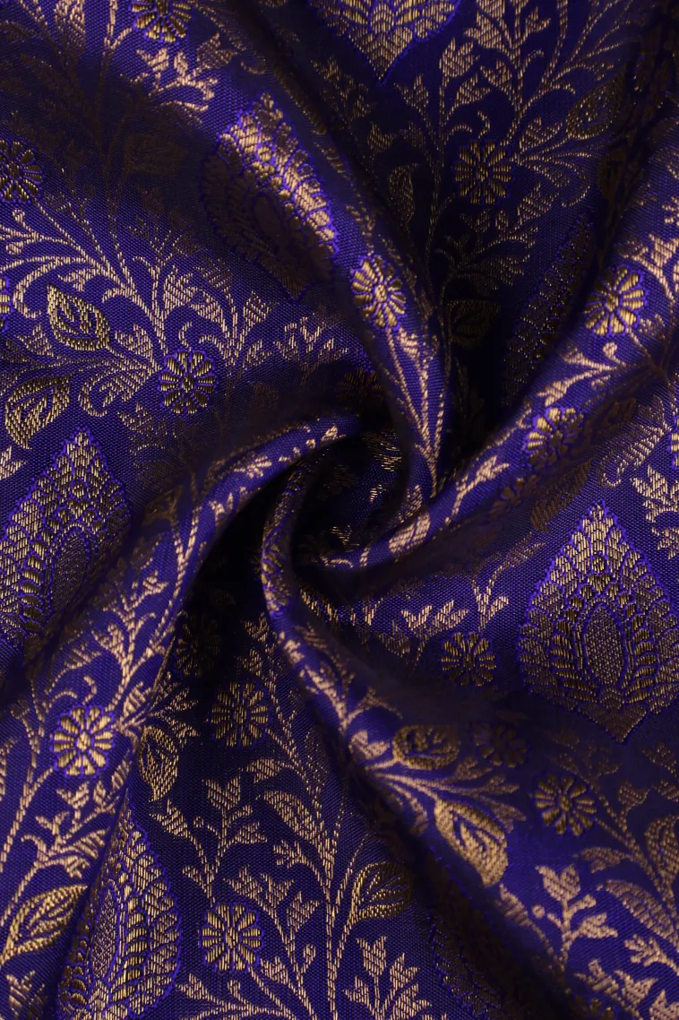 Indigo Blue Kanchipuram Silk Sarees with Gold Zari Floral Patterns view 4