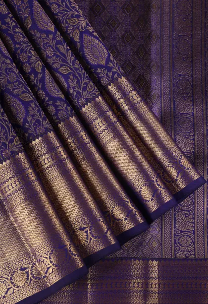 Indigo Blue Kanchipuram Silk Sarees with Gold Zari Floral Patterns
