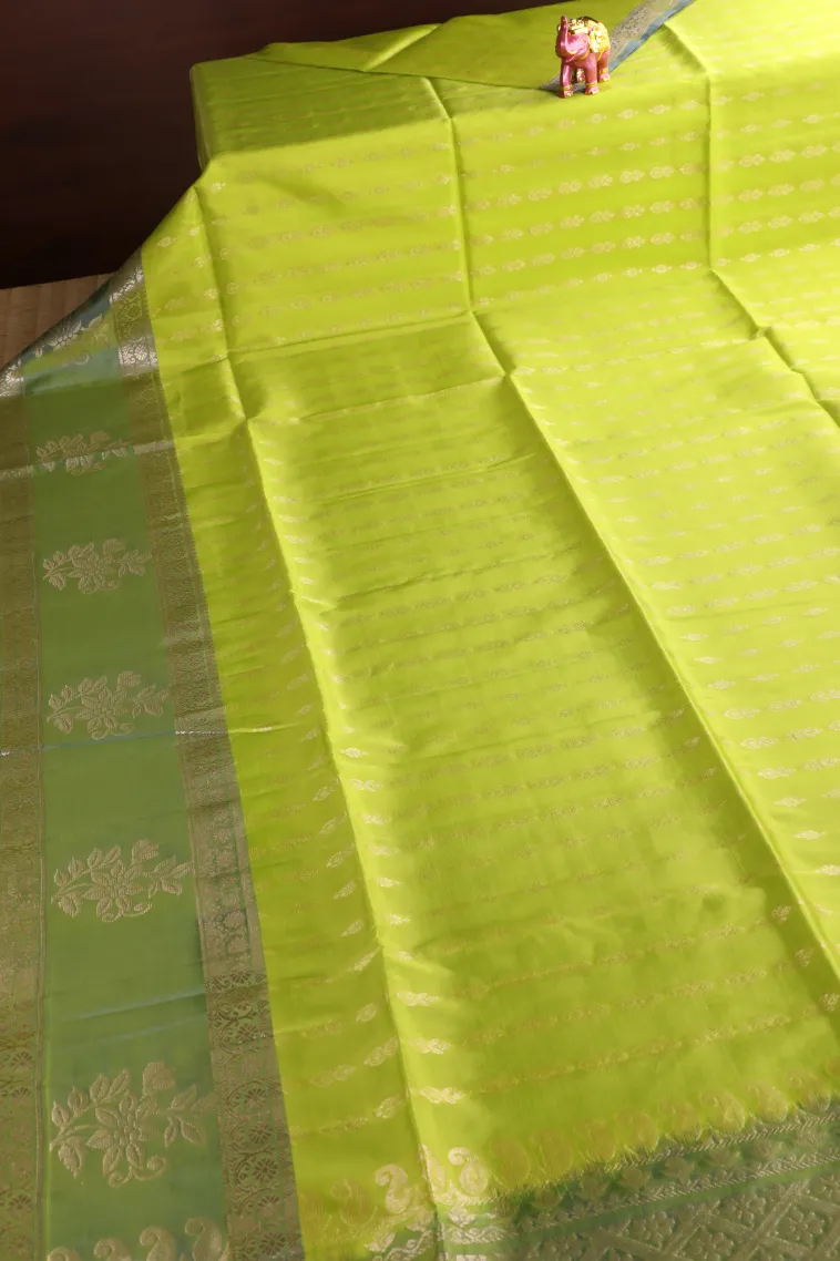 Basil Green Soft Silk Saree with Gold Zari Stripes view 2
