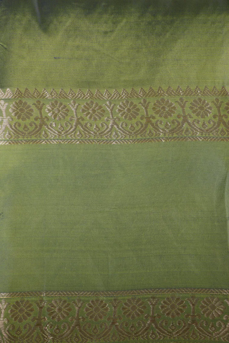Basil Green Soft Silk Saree with Gold Zari Stripes view 3