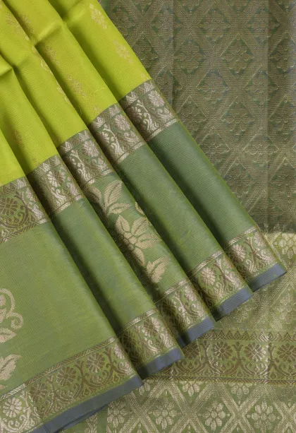 Basil Green Soft Silk Saree with Gold Zari Stripes