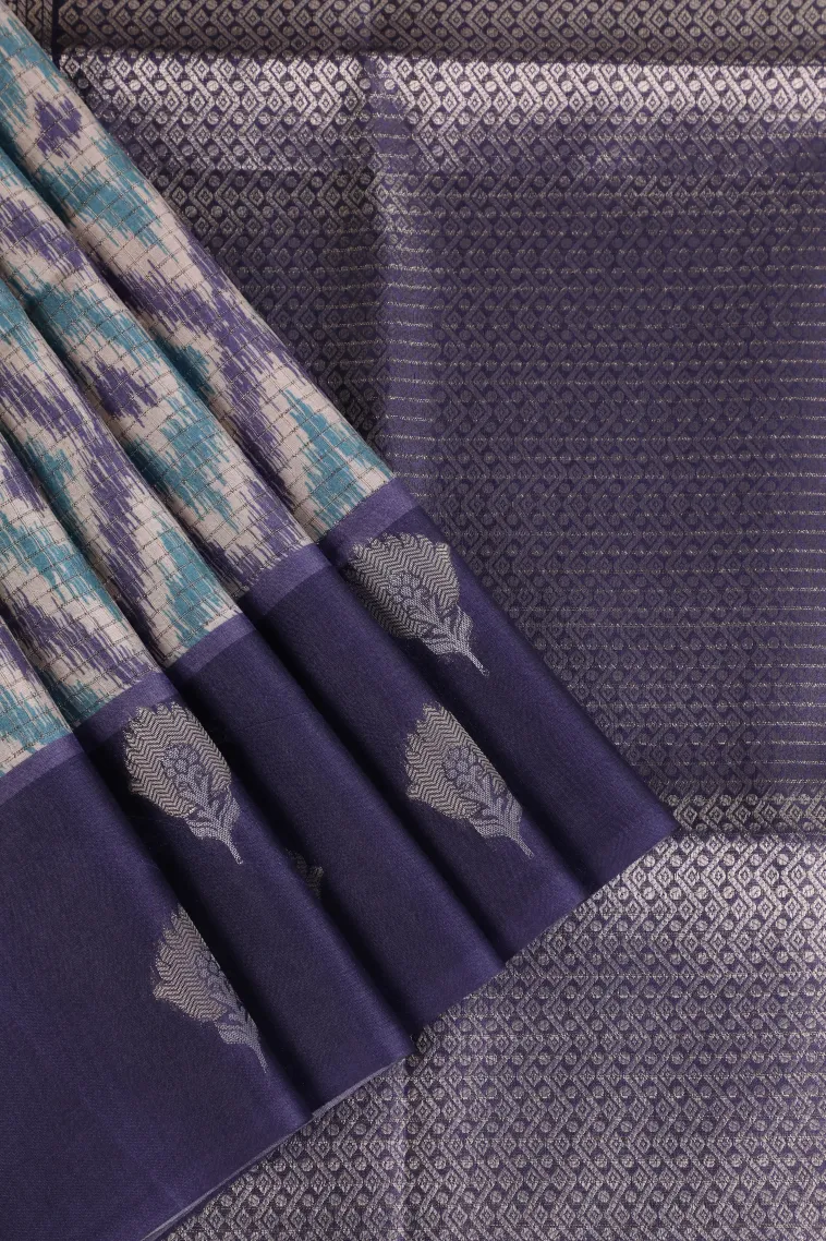 Cotton White Tussar Saree with Gold And Silver Zari Geometric Shapes