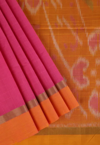 Bubblegum Pink Pure Handloom Kovai Cotton with Gold Zari Checks