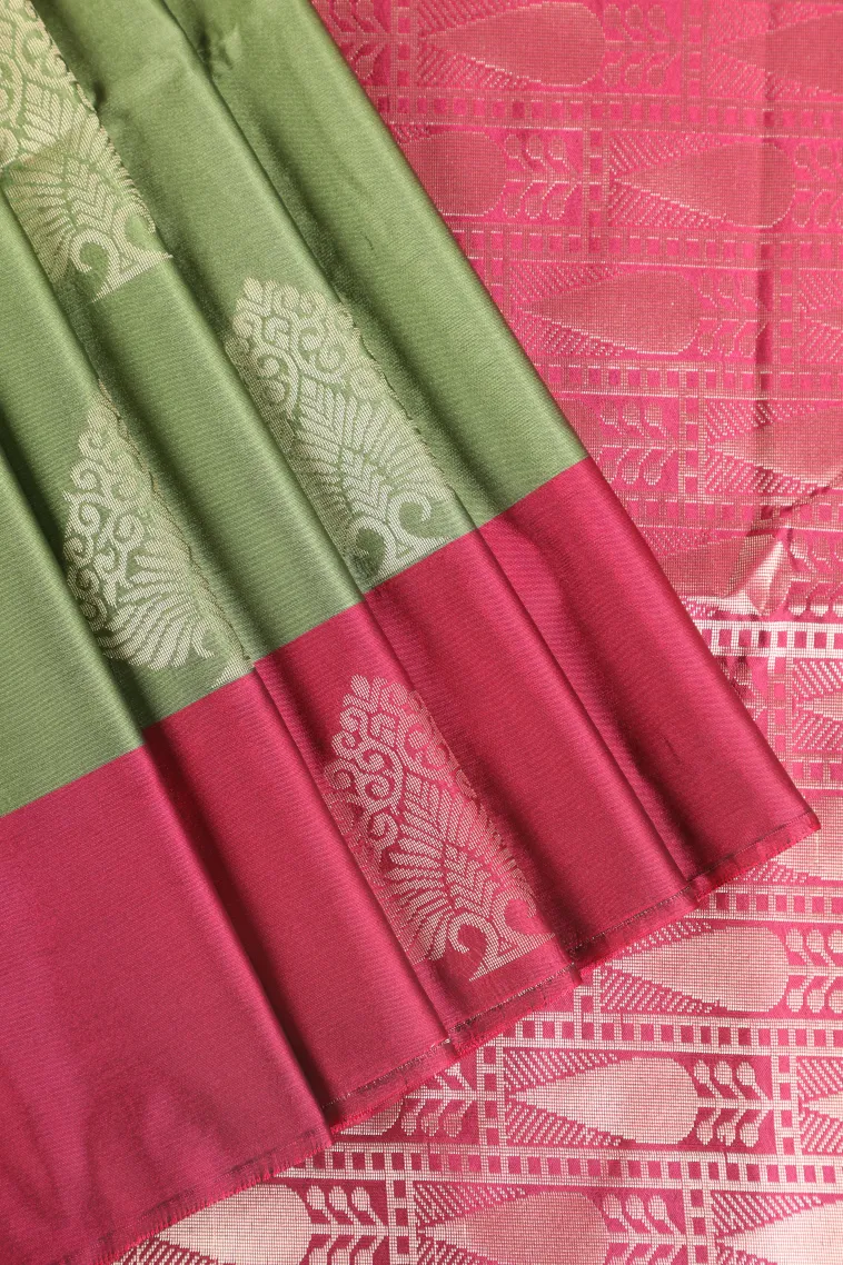 Olive Green Soft Silk Saree with Gold Zari Tree Mottif