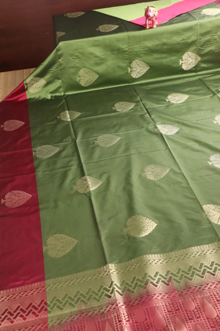 Olive Green Soft Silk Saree with Gold Zari Tree Mottif view 2
