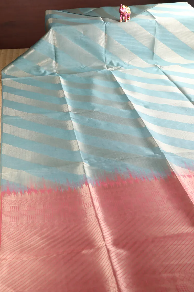 Sapphire Blue Tussar Saree with Silver Zari Stripes view 2
