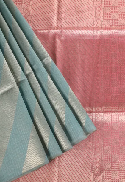 Sapphire Blue Tussar Saree with Silver Zari Stripes