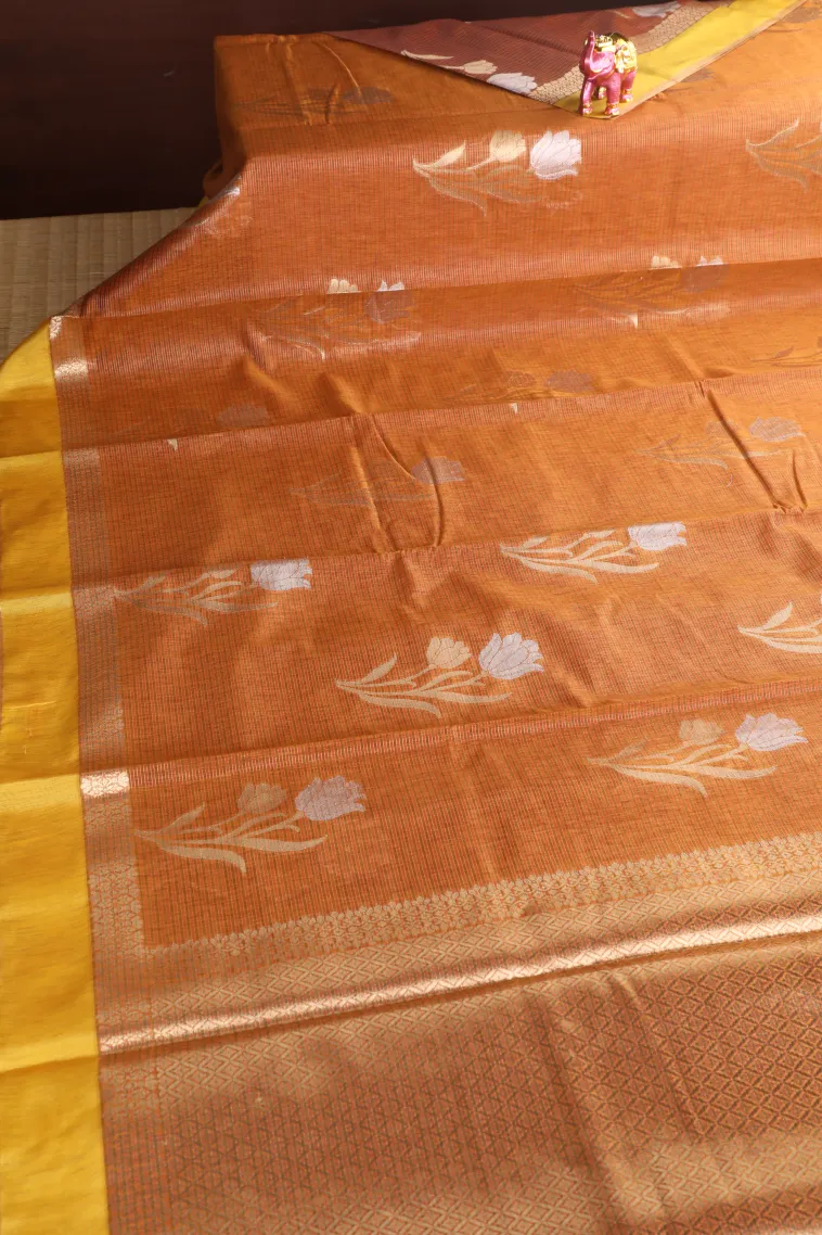 Tawny Brown Organza Saree with Gold And Silver Zari Straipes And Puttas view 2