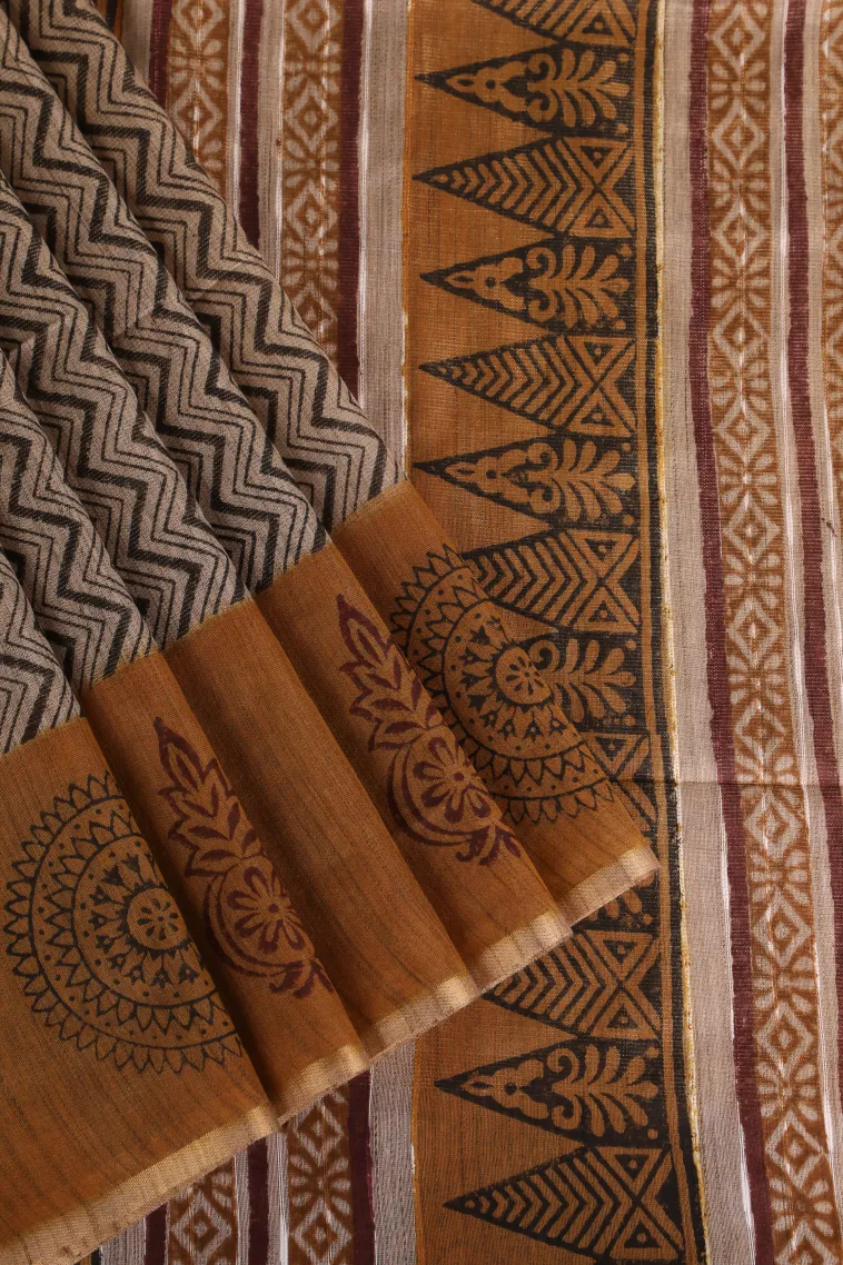 Tortilla Brown Tissue Silk Sarees with Gold Zari Zig Zag Pattern