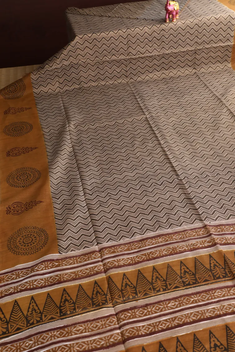 Tortilla Brown Tissue Silk Sarees with Gold Zari Zig Zag Pattern view 2