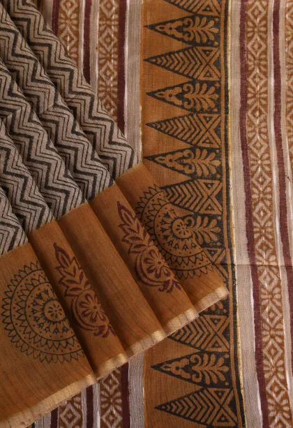 Tortilla Brown Tissue Silk Sarees with Gold Zari Zig Zag Pattern