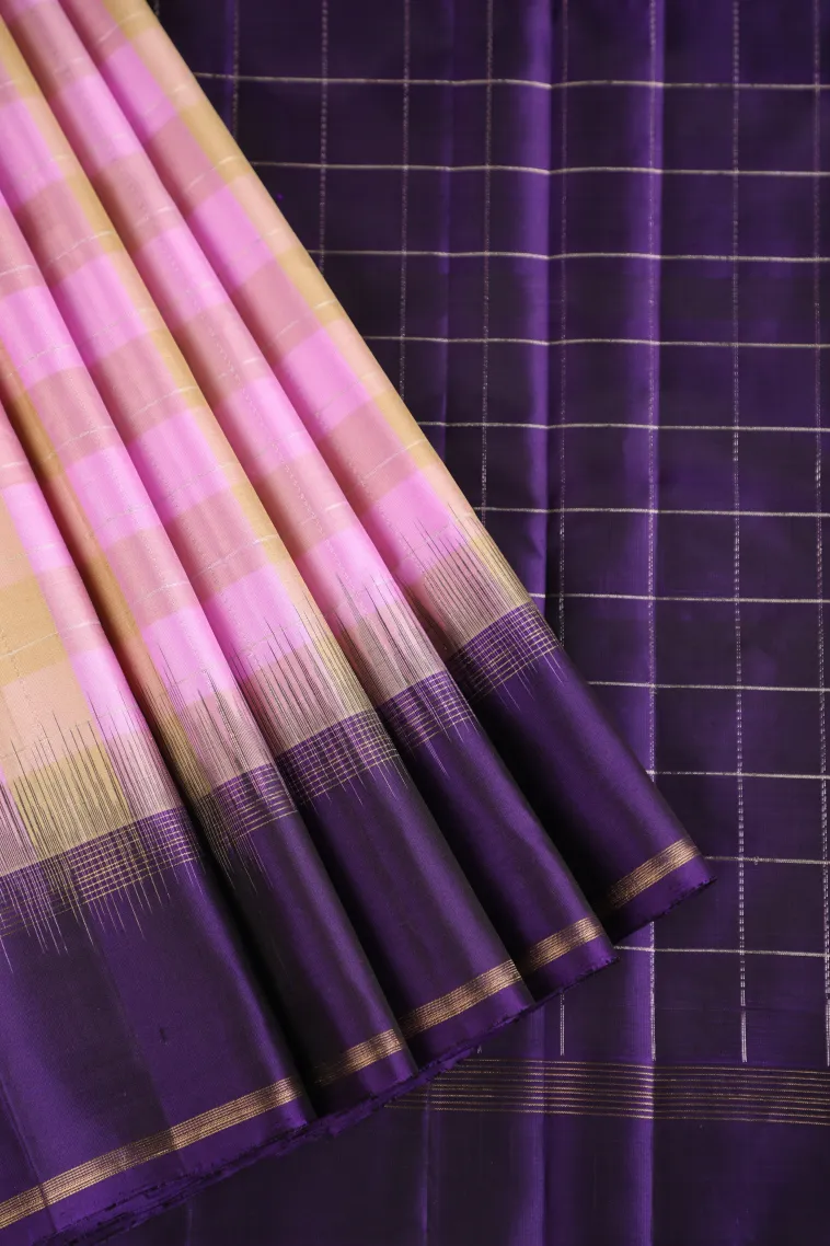 Blush Pink Soft Silk Saree with Gold And Silver Zari Checks