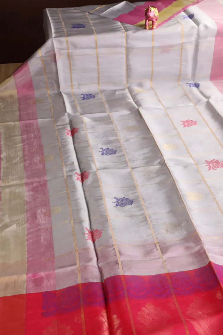 Smoke White Soft Silk Saree with Gold Zari Checks And Puttas view 2