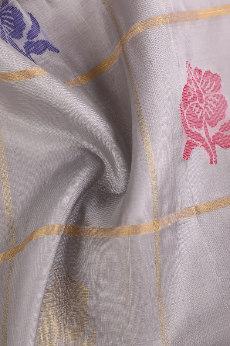 Smoke White Soft Silk Saree with Gold Zari Checks And Puttas view 4