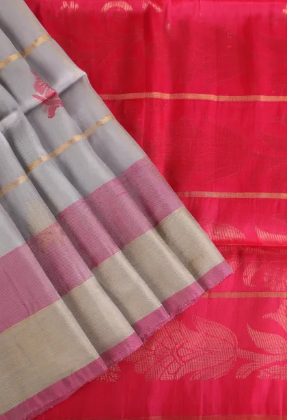 Smoke White Soft Silk Saree with Gold Zari Checks And Puttas