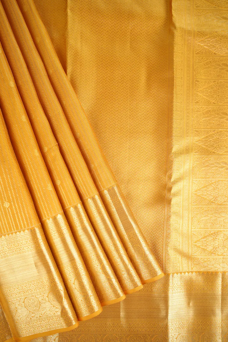 Gold Kanchipuram Silk Sarees with Gold Zari Stripes And Puttas view 1